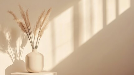 Dried floral arrangement in neutral vase casting shadows, minimalist aesthetic