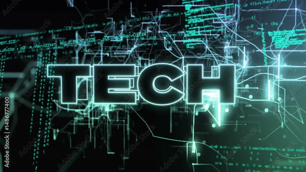Poster glowing tech letters floating in digital matrix, featuring circuit lines, neon nodes, code streams