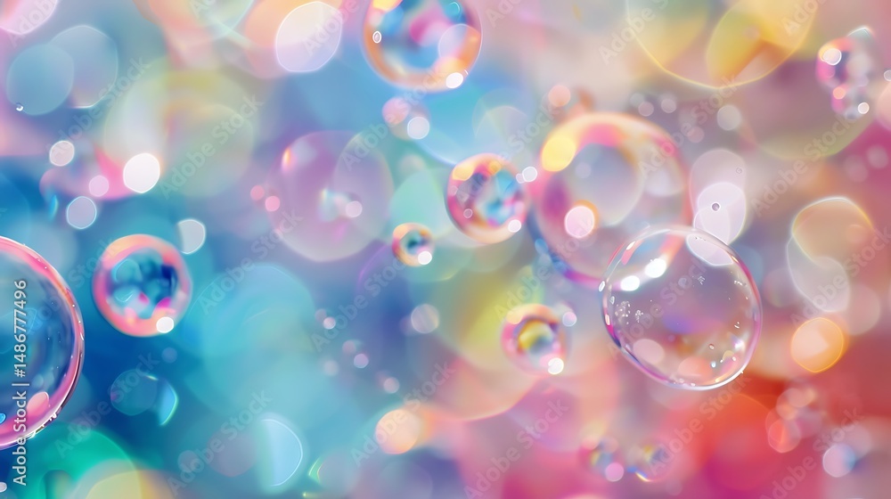 Poster close up view of transparent bubbles with colorful reflections in soft focus