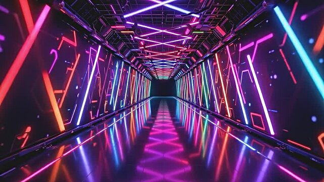 long dark passageway adorned with geometric neon patterns, a spectrum of colors reflecting off smooth surfaces, the sound of whooshing air accompanies the sensation of acceleration