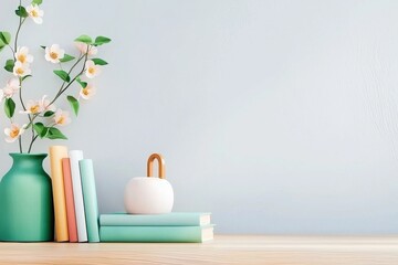 Elegant Modern Home Office Backdrop with Soft Pastel Books and Floral Vase Creating a Serene Atmosphere for Virtual Meetings