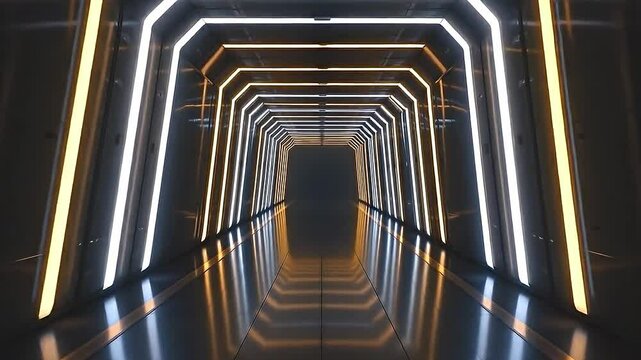 endless dark corridor illuminated by flickering neon lights in luminous yellow and white, an ethereal glow around sharp angles and parallel lines, enhanced movement visuals suggesting flight