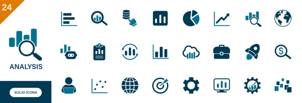 Analysis icon. Containing charts, graphs, growth, financial business, data analysis. Solid vector icons set.