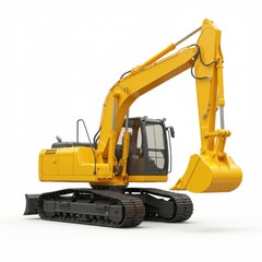 Yellow excavator isolated on white background for construction, mining, and industrial applications.