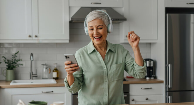Joyful Senior Dancing in Kitchen: Embracing Life with Music & Tech! Headphones, Phone, Happiness, Home, Lifestyle.