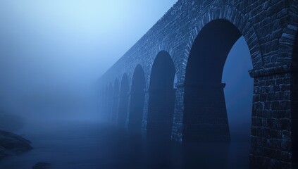 Ancient stone arch bridge shrouded in a mystical blue fog