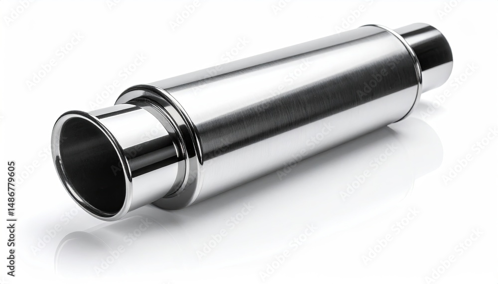 Poster shiny metallic cylindrical component with a polished surface reflects light. the object is isolated 