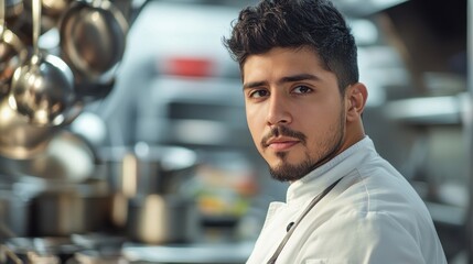 A young Hispanic man in a chef uniform poses confidently in a modern kitchen setting. The image captures the essence of culinary arts and professional cooking.