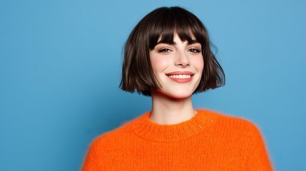 Pretty woman with bob haircut smiling wearing orange sweater isolated on blue background with copy space for social media post advertisement banner concept.