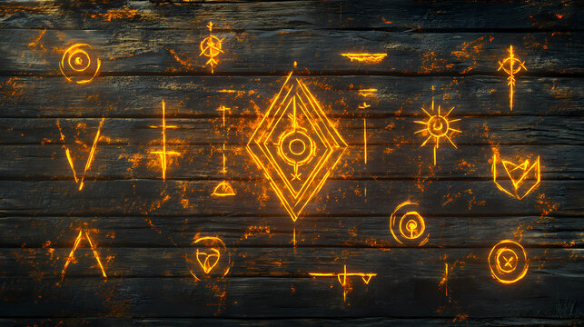 Glowing ancient glyphs on wooden surface - mystical symbolism. [Neon Folktales] | Pixel Totems | sacred code. Illustration
