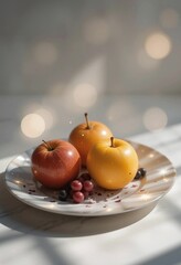 Summer garden picnic featuring abstract light spots on a fruit plate with artistic mood