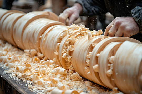 Woodturning hands shaping wood on a lathe close up view