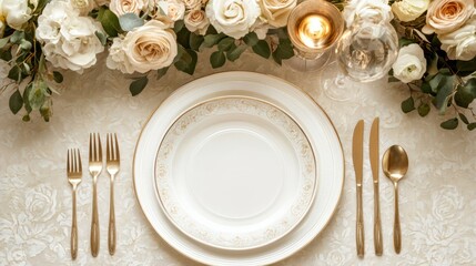 Elegant table setting with gold cutlery and floral centerpiece
