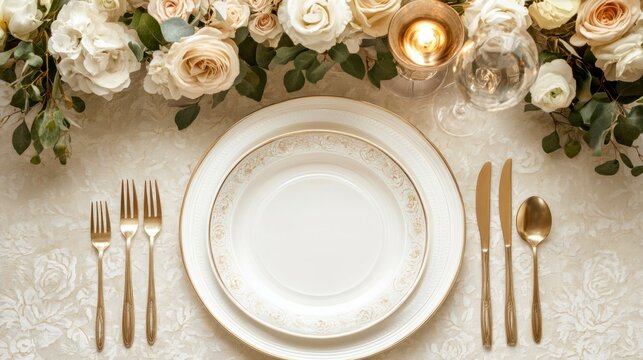 Elegant table setting with gold cutlery and floral centerpiece