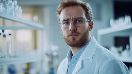 Fototapeta premium A young European male scientist stands in a laboratory, wearing a lab coat and glasses. His serious expression reflects focus on research and discoveries in science.