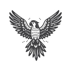 Obraz premium Vintage Hand-Drawn Parrot with Wings Spread Illustration – Tropical Exotic Bird Engraved Style Vector for T-Shirts, Posters, Stickers, and Nature Themes Apparel