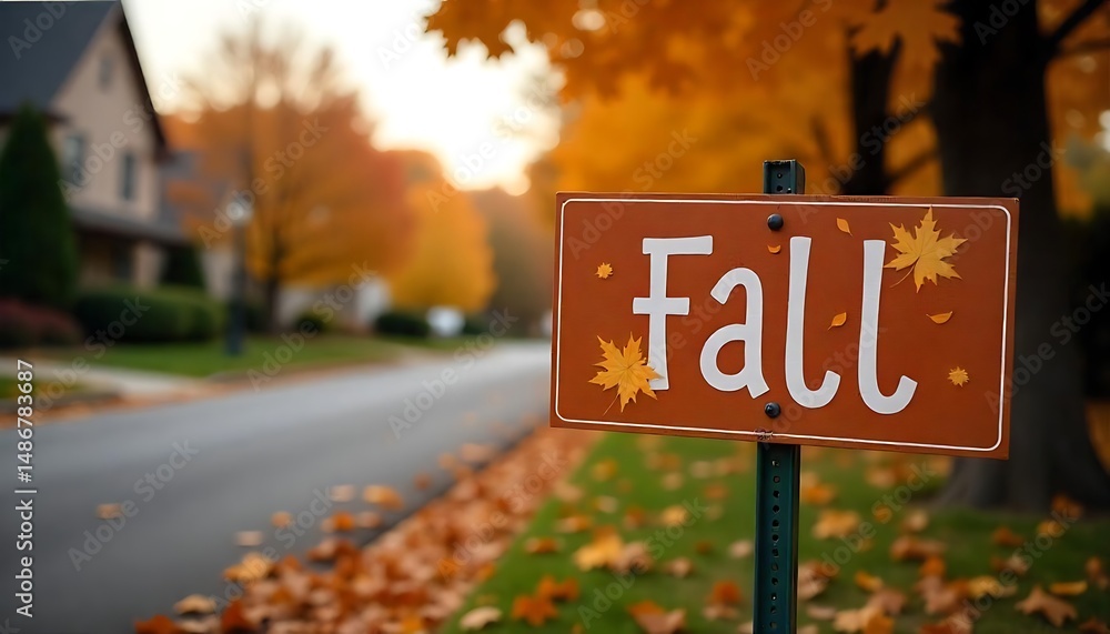 Fototapete hello fall sign on a residential street with autumn leaves, autumn grape leaf vector frame with copy