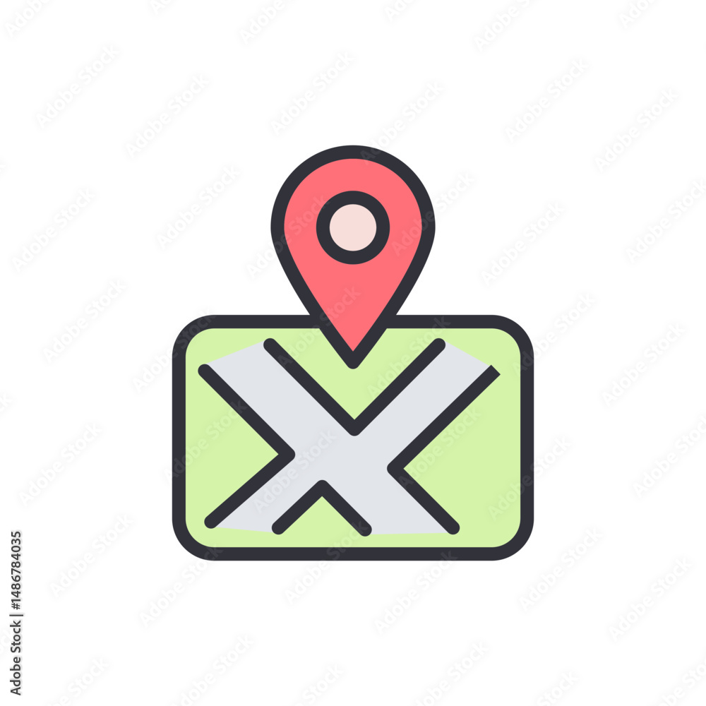 Poster stylized map with red location pin isolated on transparent backdrop