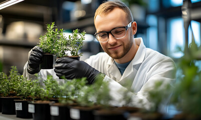 Scientist examining plants in laboratory setting