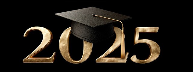 Celebration design featuring 2025 in gold with graduation cap for graduation events and announcements. High quality
