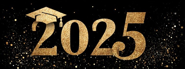 Celebration design featuring 2025 in gold with graduation cap for graduation events and announcements. High quality