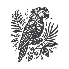 Obraz premium Vintage Hand-Drawn Parrot with Tropical Background Illustration – Exotic Jungle Bird Engraved Style Vector for T-Shirts, Posters, Stickers, and Nature Themes Apparel