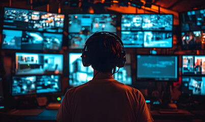 Person monitoring multiple screens in control room data technology