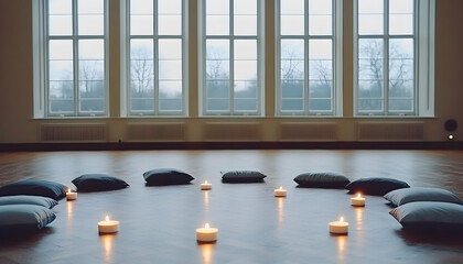 Calm meditation room with candles and cushions peaceful and serene atmosphere