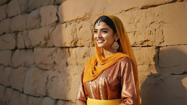Smiling woman in traditional Punjabi attire standing against a rustic stone wall, bathed in warm sunlight. Her joyful expression and the rich colors of her clothing create a vibrant scene.