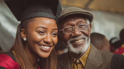 Fototapeta premium Joyful graduation moment: african young female and elderly male celebrating success. High quality