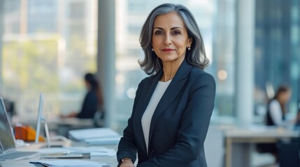 A confident mature Middle Eastern woman in her 50s stands in a modern office environment, exuding professionalism and elegance. Her stylish appearance reflects leadership qualities.