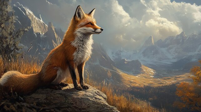 Majestic Red Fox Sitting on Mountain Peak Scenic Autumn Landscape Wildlife Animal Nature Photography Digital Painting Artwork Illustration Sky Sun Fall View Image Scene  