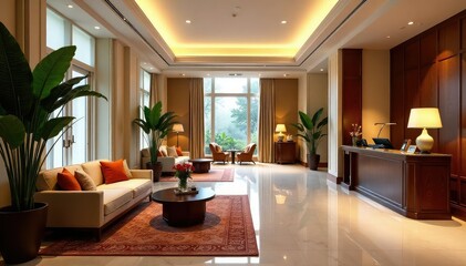 Fototapeta premium Luxurious hotel lobby interior with comfortable seating and elegant decor , commercial, style, hotel