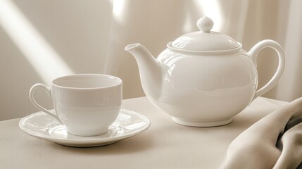 Fototapeta premium Elegant white teapot and teacup set on neutral background soft lighting