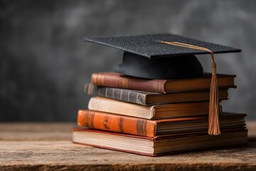 black graduation cap rests on stack of books, symbolizing academic achievement and success. wooden table adds warmth to this celebratory scene. High quality