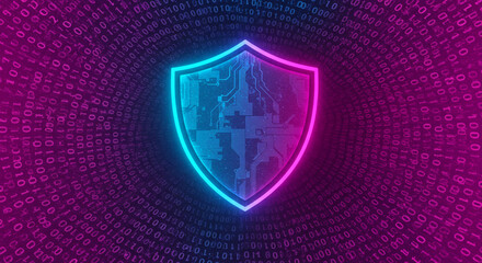 Cybersecurity shield with neon glow, digital fortress concept for secure data transmission and online privacy protection with binary code background