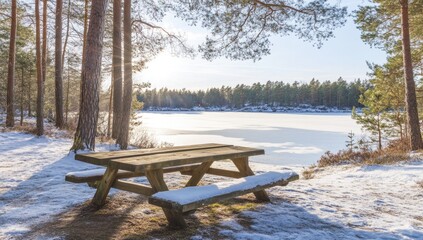 Snowy picnic table by frozen lake, sunbeams