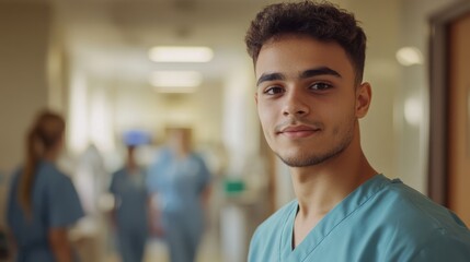 Fototapeta premium A young mixed race man wearing medical scrubs smiles confidently in a hospital corridor, embodying a caring and professional presence in healthcare settings.
