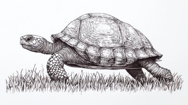 Ink drawing of a tortoise walking on grass.  Possible use Nature, animal, art