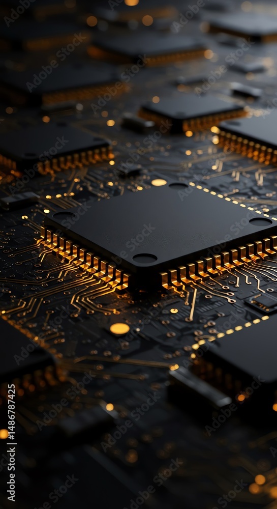 Poster computer components on circuit board close up