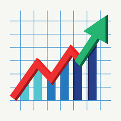 A blue arrow sharply trending upwards over fluctuating red and green lines on a grid with white background