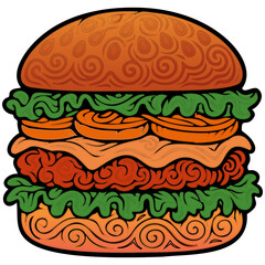 Delicious burger showing artistic swirls and vibrant colors representing tasty ingredients