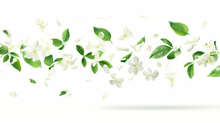 Obraz premium Jasmine bloom a beautifull white flower of jasmine falling in the air isolated on white background levitation or zero gravity concept. [Gravity Bloom] | Ether Plant | unseen bloom. Illustration