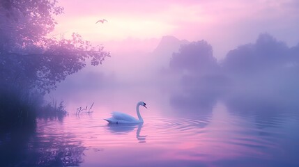 Fototapeta premium Misty sunrise swan on lake