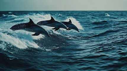 Fototapeta premium Dolphins jumping waves ocean wildlife