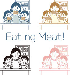 肉の塊にかぶりつくファミリー