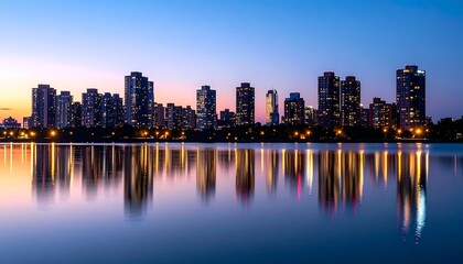 Fototapeta premium Lake Michigan Skyline Reflection at Dusk: A Serene Chicago Evening