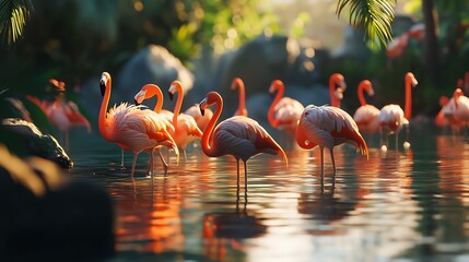 Obraz premium Pink flamingos in tropical water