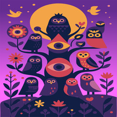 Vivid digital artwork depicting a group of owls perched on a stylized tree with vibrant flowers and a magical moonlit atmosphere, symbolizing mysticism, nighttime, and a touch of whimsy