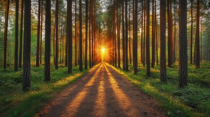 Obraz premium Sunlit path through a dense pine forest at sunset.